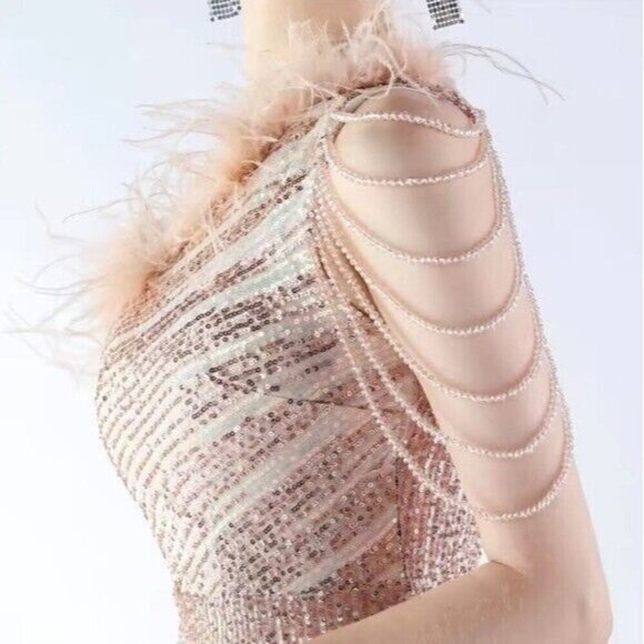 Gold, One Shoulder Beaded,Feather Neckline, Gradient Print, Sequined Gown - Picture 6 of 14